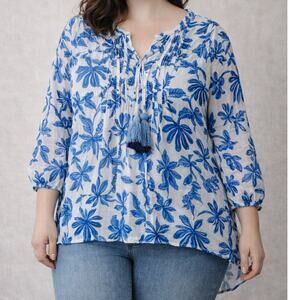 Elie Tahari Woman Floral Tassel Peasant Blouse Blue White 1X Boho Tunic NWT